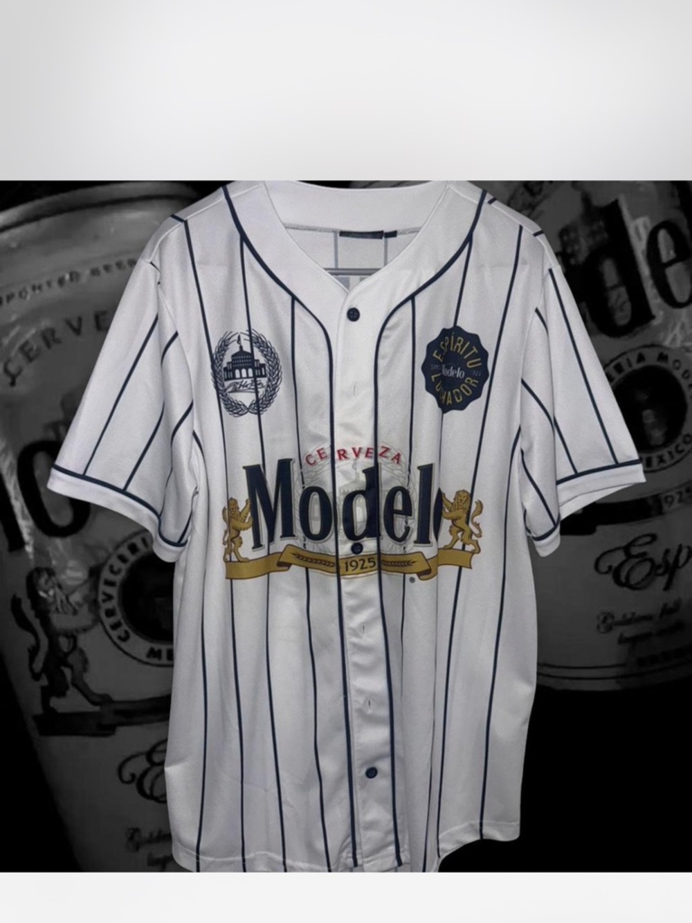 ModelCo White & Navy Pinstripe Men’s Baseball Jersey with Gold Logo